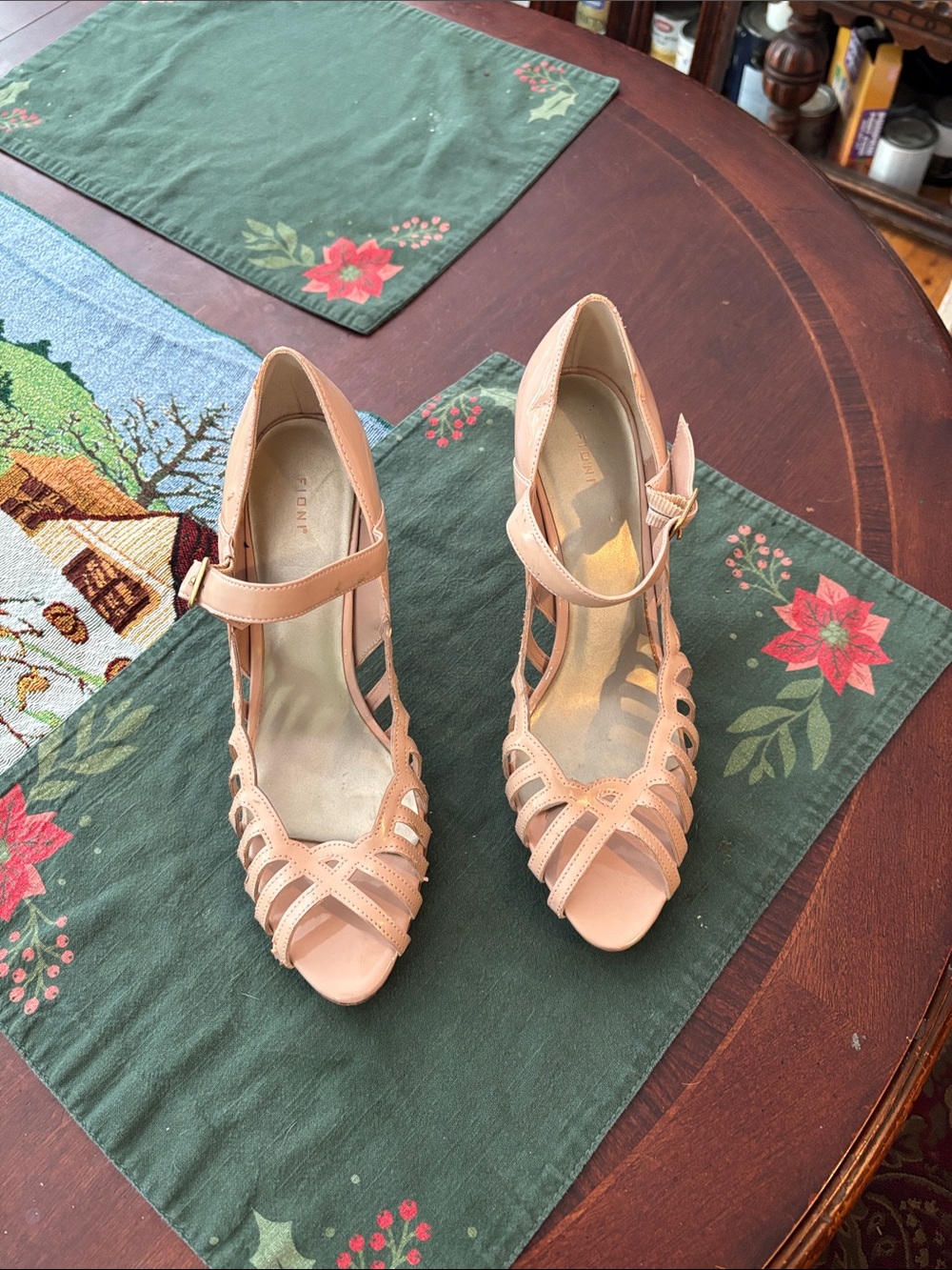 FIONI Nude Peep-Toe T-Strap Heels